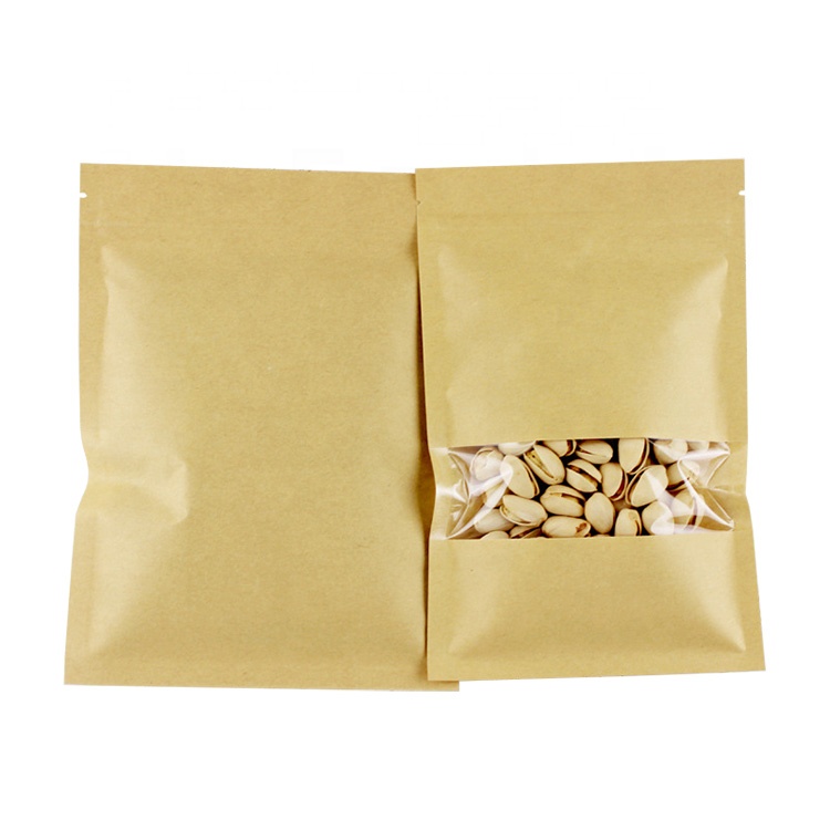 Three Side Seal Brown Kraft Paper Pouch with Zipper/ Clear Window